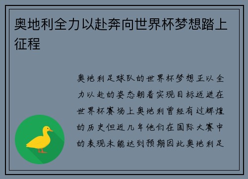 奥地利全力以赴奔向世界杯梦想踏上征程