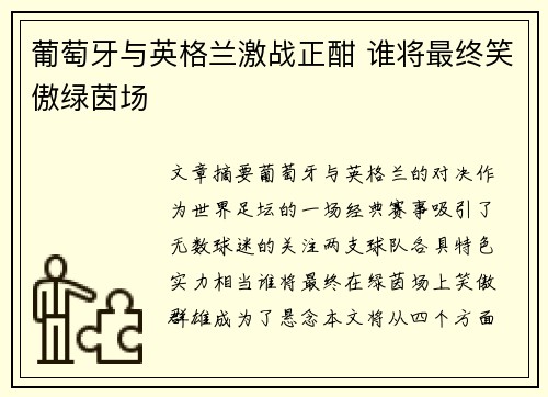 葡萄牙与英格兰激战正酣 谁将最终笑傲绿茵场
